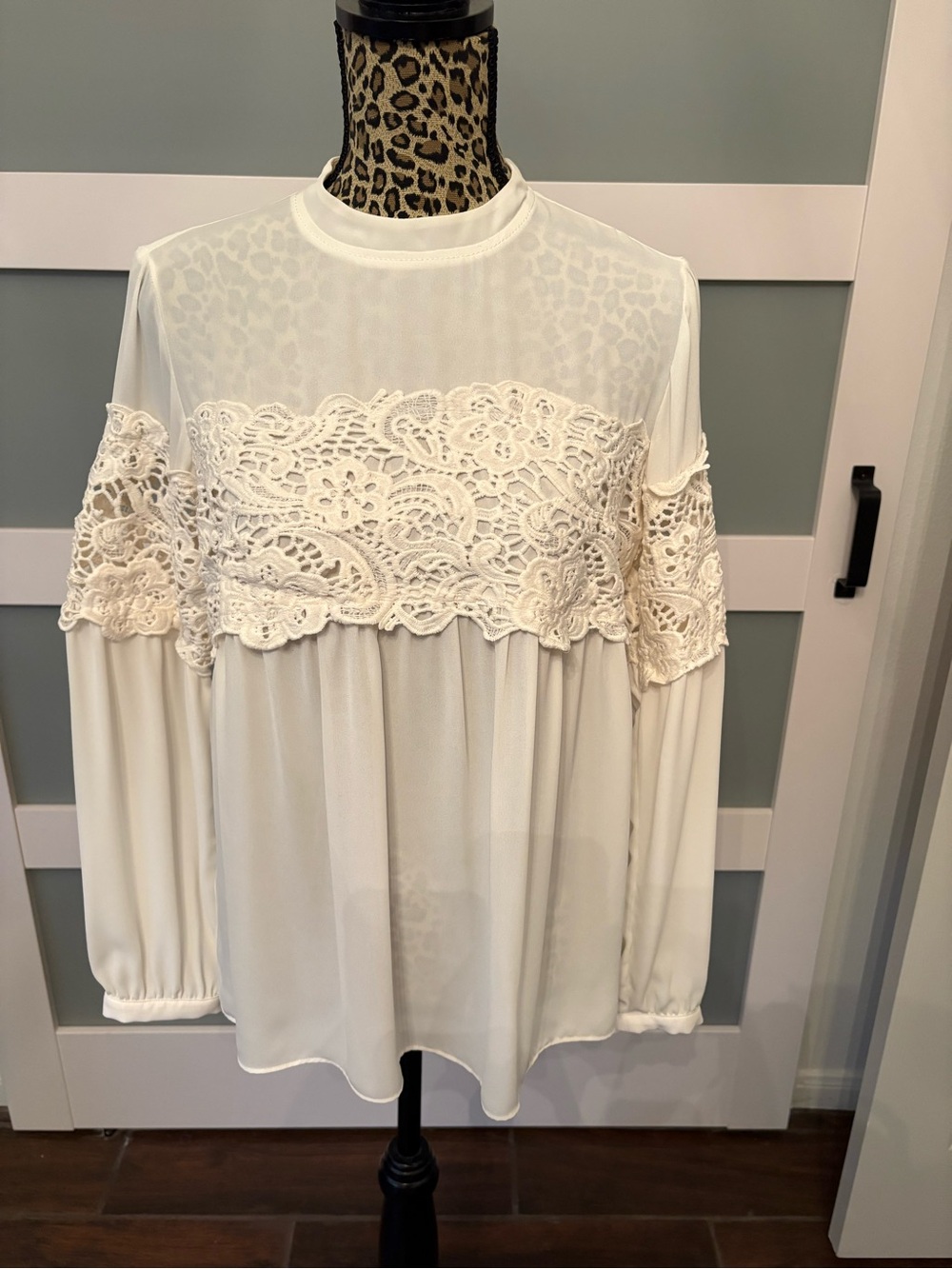 Express Ivory Lace Yoke Long-Sleeve Sheer Blouse